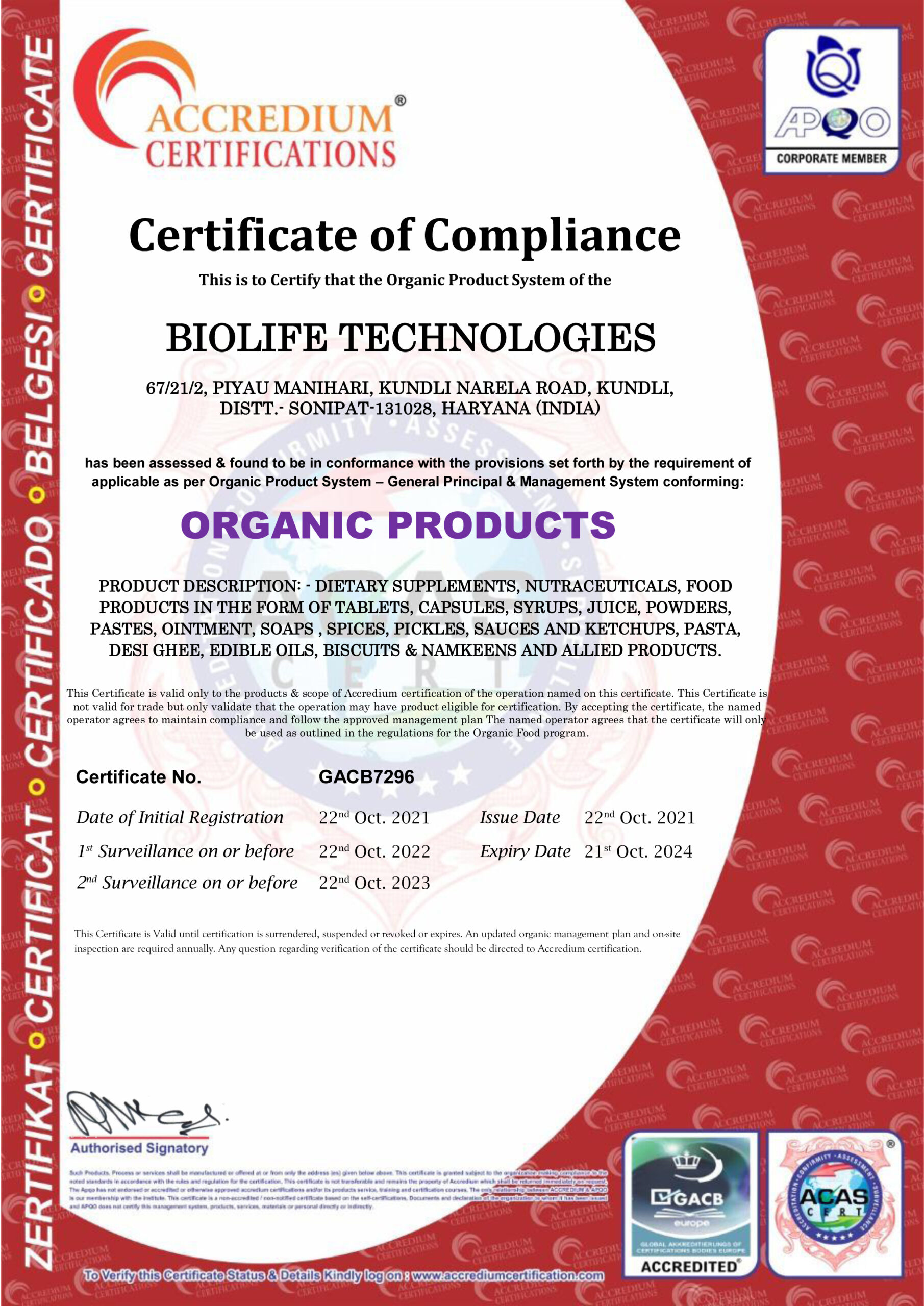 BIOLIFE TECHNOLOGIES-Organic Certificate